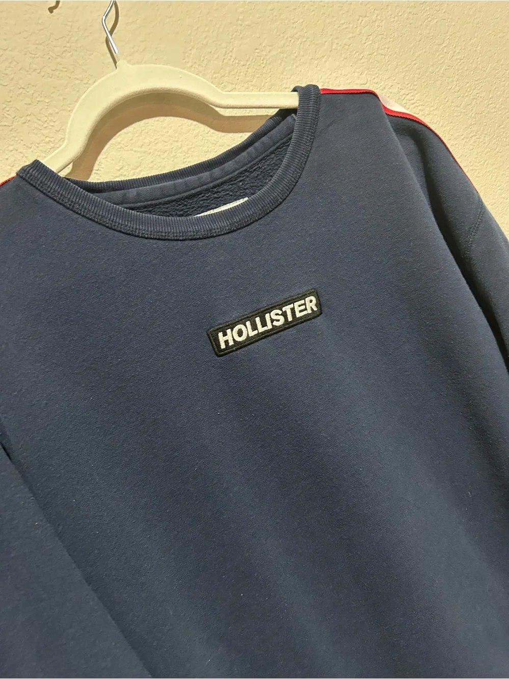 Hollister Navy Crewneck with Red & White Shoulder Stripes